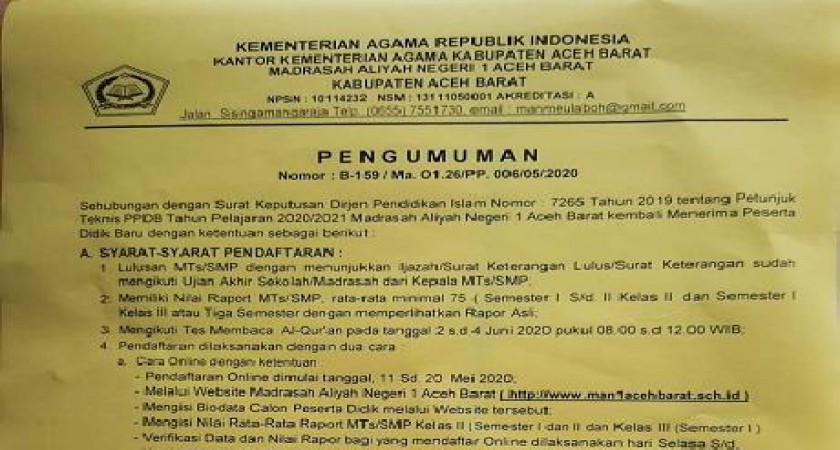 PPDB MAN 1 Aceh Barat TP. 2020/2021